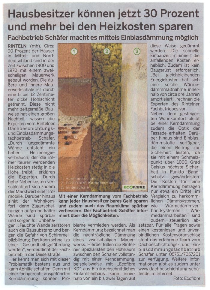 ECOFIBRE Einblasdaemmung Zeitungsartikel